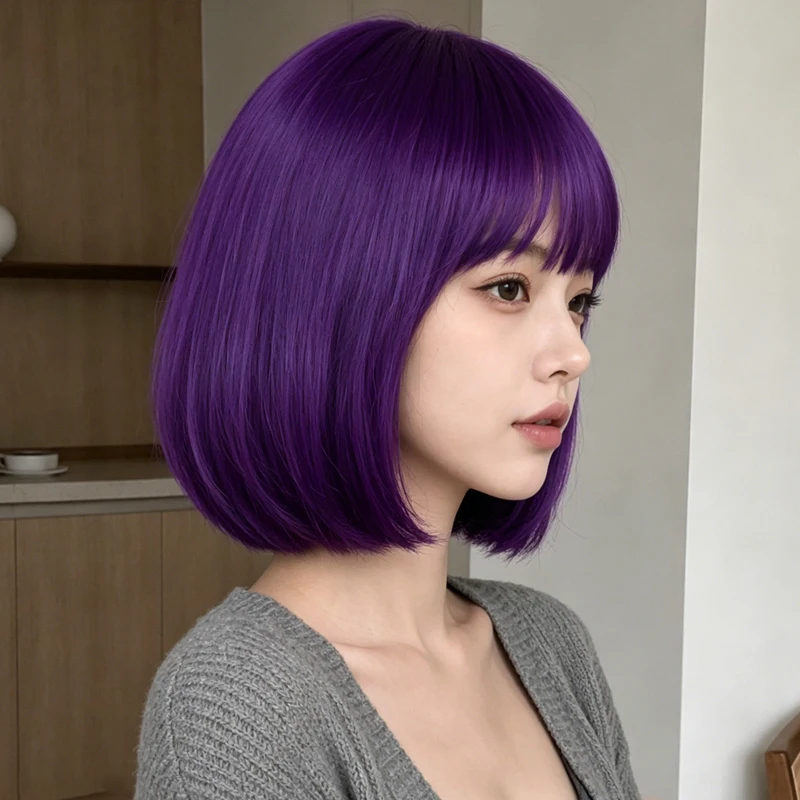 Bright purple 12-inch lightweight airy bangs synthetic wig, suitable for women's daily wear.