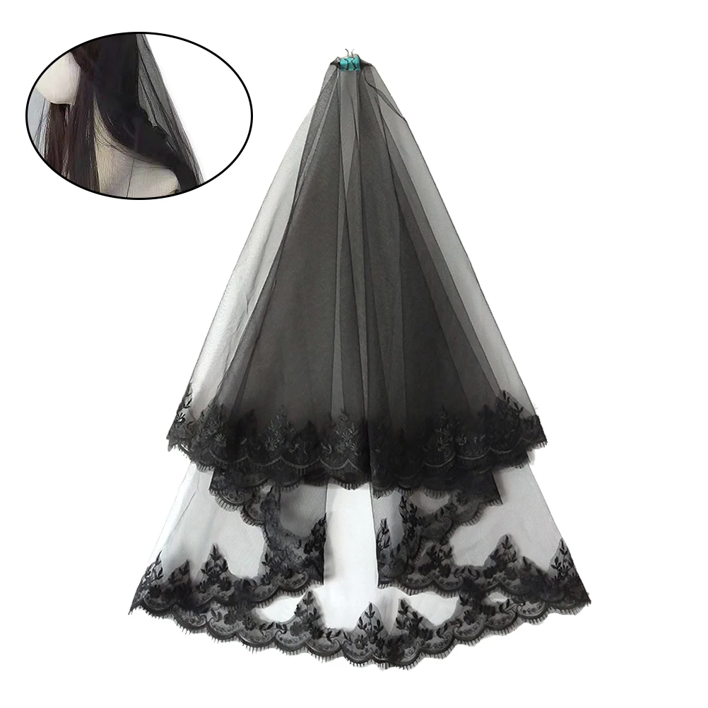 

Lace Bride Wedding Veil Long Simple Delicate Gauze Headdress Dress Accessories Photo Prop Black Elegant Bridal Veil for Wedding