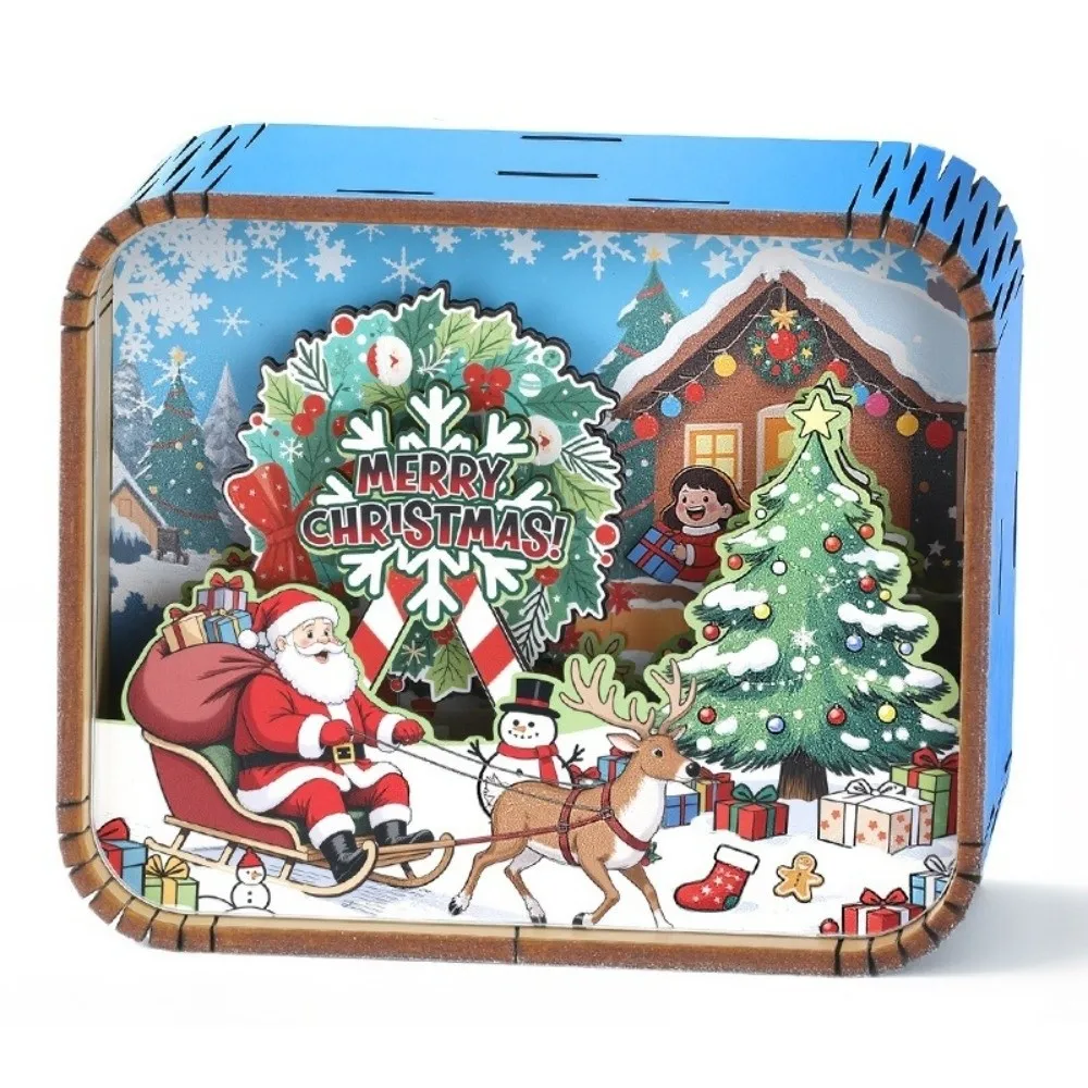 Retro 3D Scene Christmas Music Box Rotating Santa Claus Wooden Music Box Tabletop Wind-up Musical Ornament Gift Holiday Season