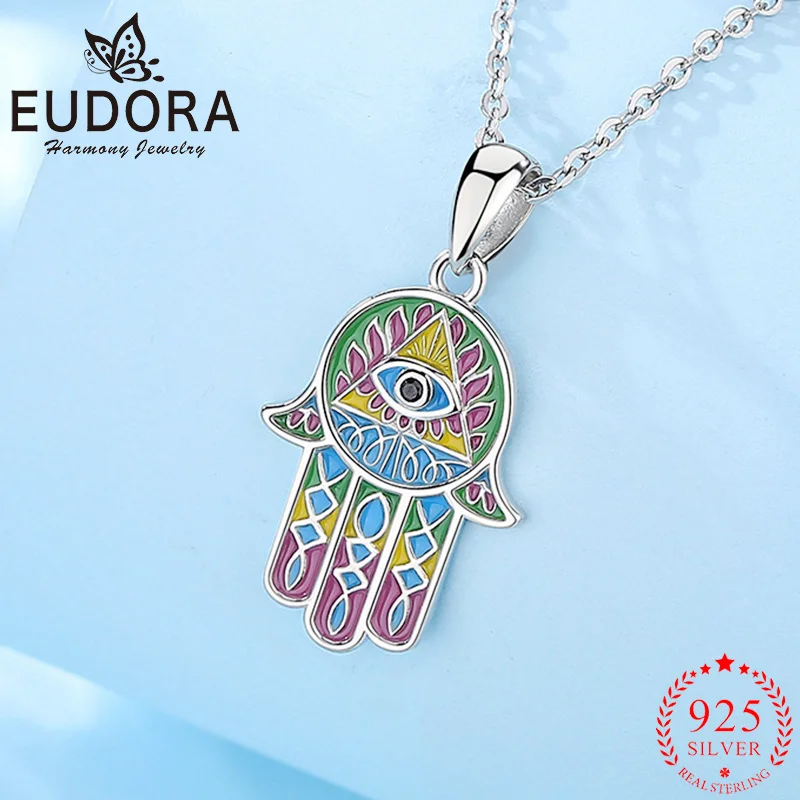 

Eudora 925 Sterling Silver All Seeing Eye Necklace Colorful Enamel Hand of Fatima Pendant Illuminati Fine Jewelry For Women Men
