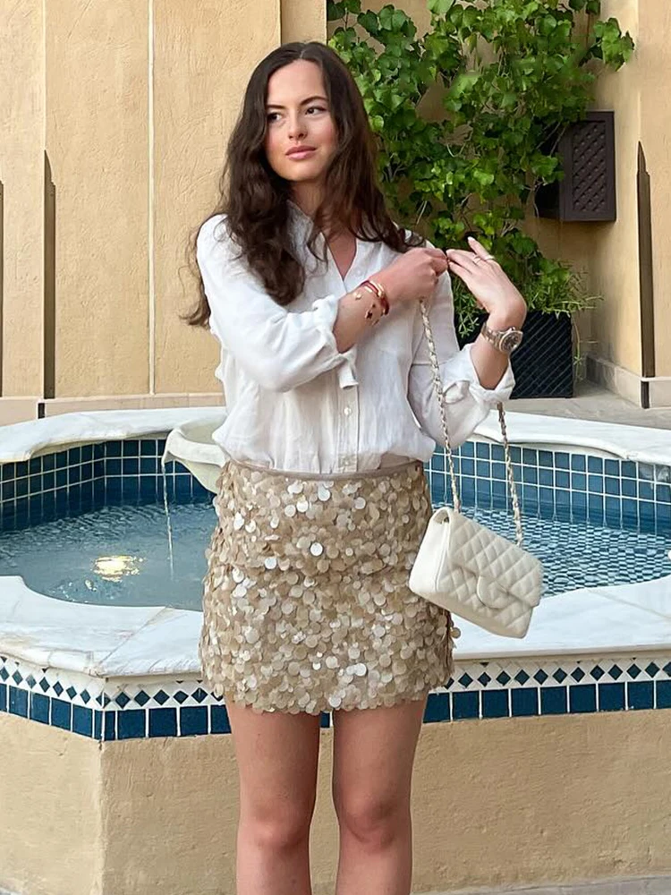 HH レディース サマーファッション オールマッチ スパンコール スリムスカート 女性 セクシー 気質 宴会 ジッパー ハイウエスト ショート Aラインスカート