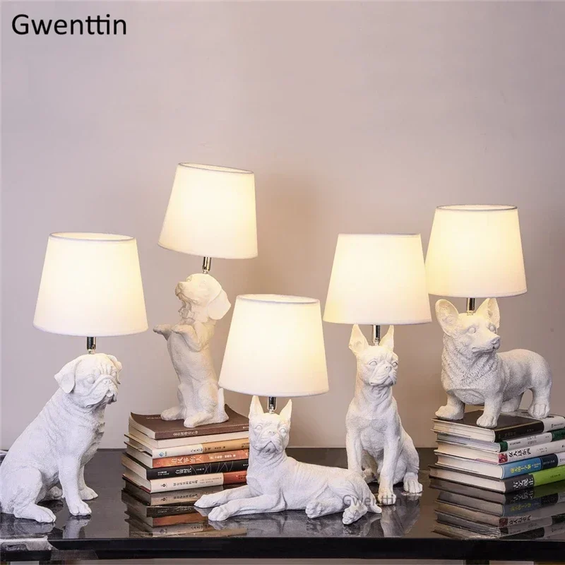 Nordic Puppy Table Lamps Bedroom Bedside Lamp Modern Animal Led Resin Dog Stand Desk Light Home Decor Fixtures Luminaire E27