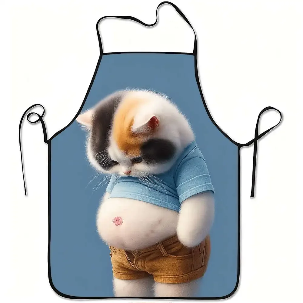 1pc Cute Chubby Tabby Cat Apron With Calico Kitten Print Adjustable Waistband Durable Easy Clean Polyester Pajala Like Des