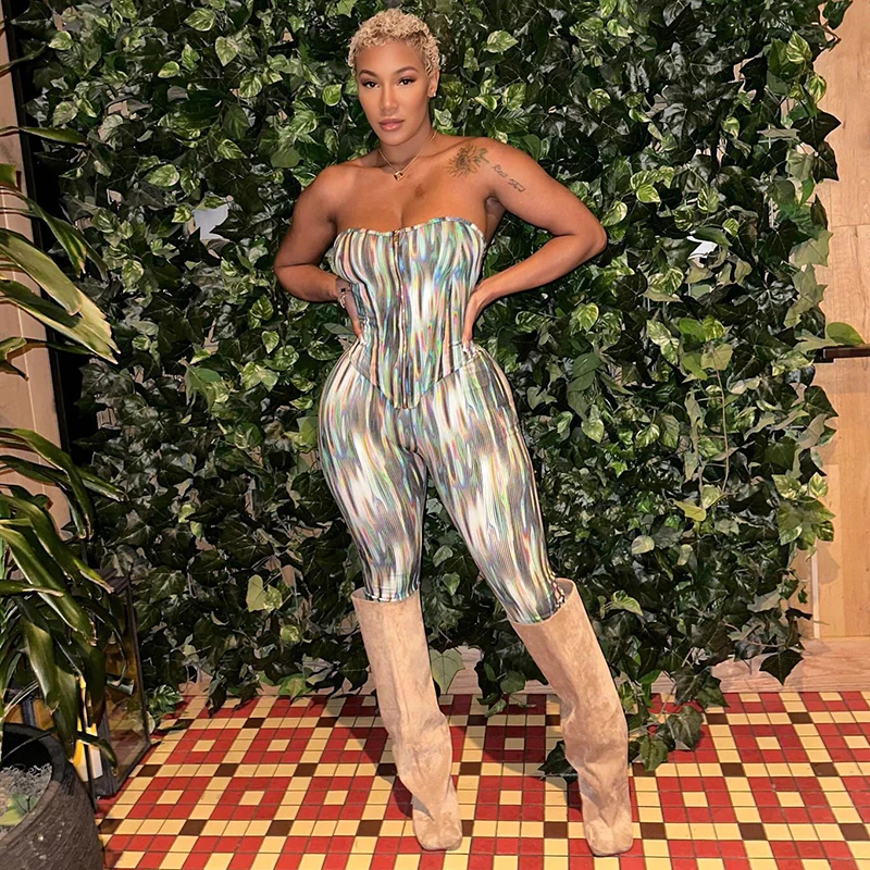 

CUTENOVA 2025 Spring Summer Bustier Strapless Zipper Colorful Printed Tight Sexy Elegant Set Bustier Top + Pencil Trousers Sets