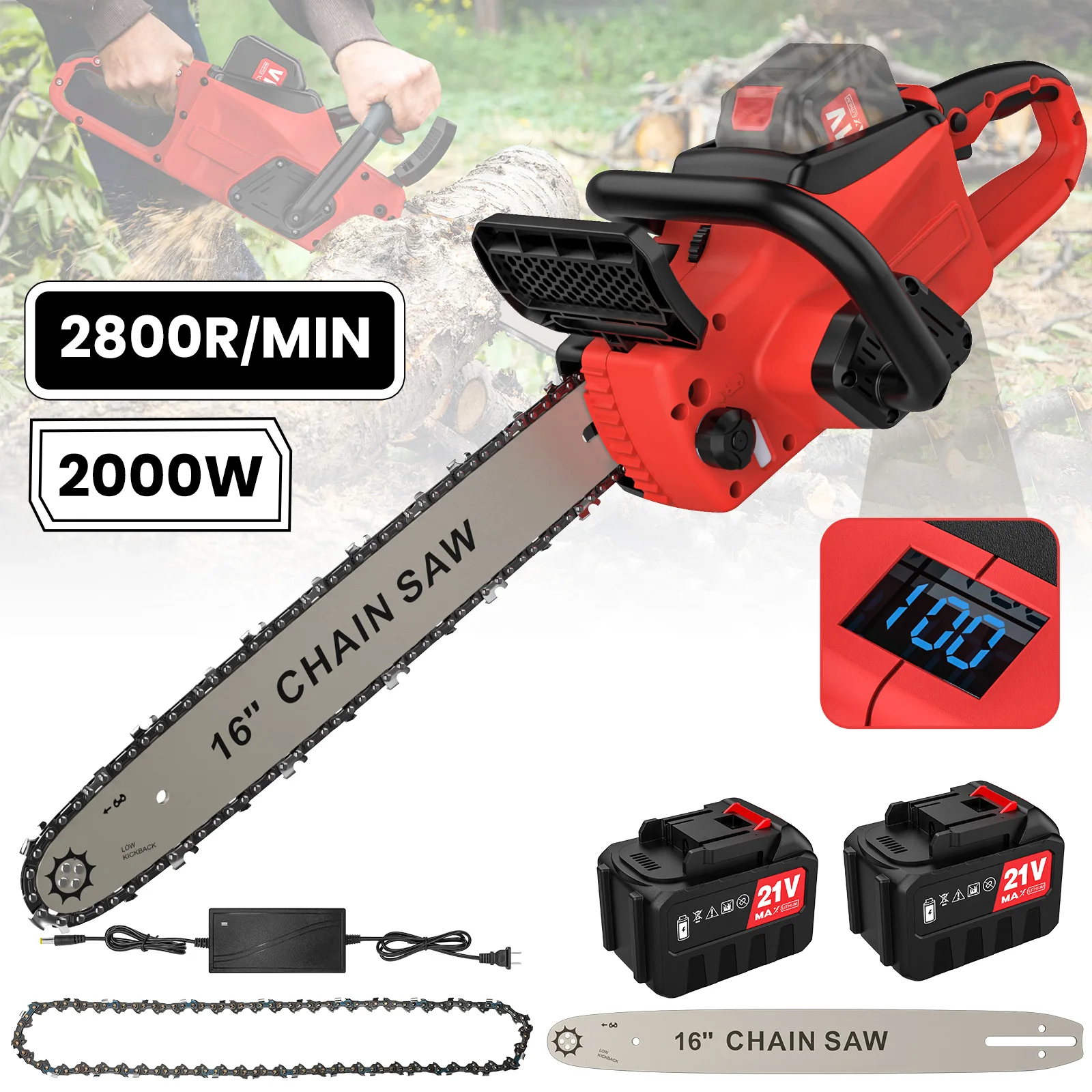 Motosega a batteria senza fili da 21 V, 16 pollici, con motore brushless, 2000 W, compatibile con batterie Makita, sistema di alimentazione automatica dell'olio, display digitale della potenza,