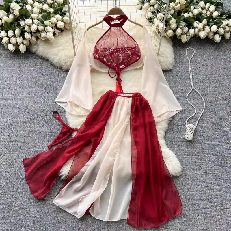 

Chinese Tranditional Hanfu Dress Women Sexy Chffion High Split Temptation Lingerie Underwear Lace Halter Neck Erotic Nightgowns