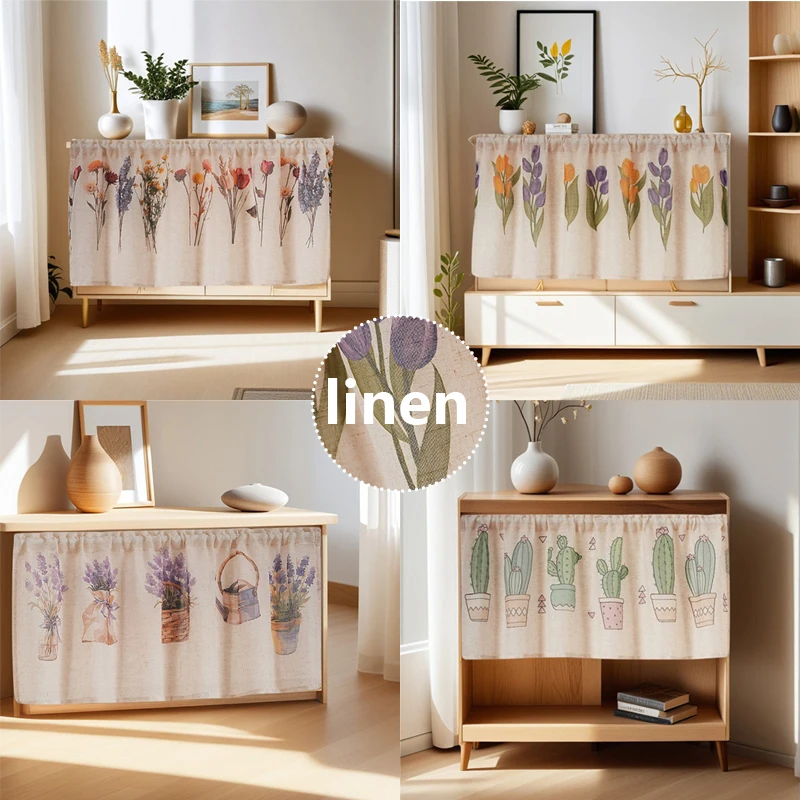 

Natural Linen Texture Short Curtain Multifunctional Cabinet Cover Curtain Fresh Flowers Suitable for Window Sill Home Decoration