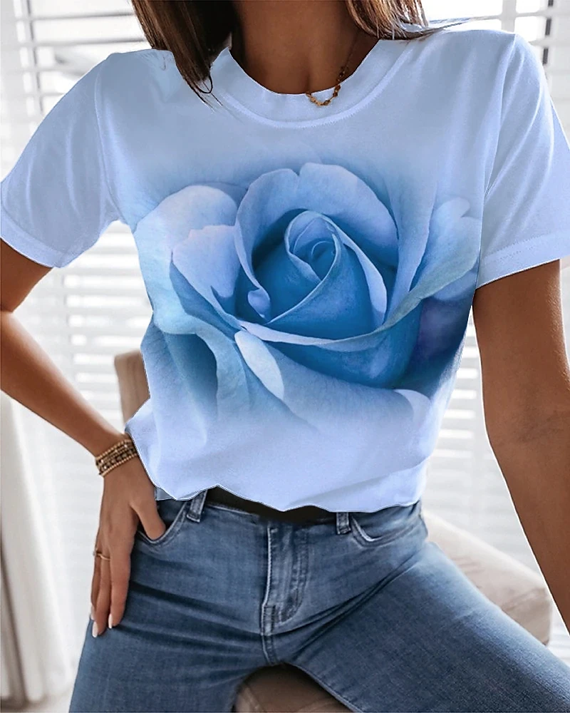 

Fun 3D Flower Printed Women's T-Shirt Summer Stylish Personality Short Sleeve Tees For Female Oversize Quick Drying Regular Tops