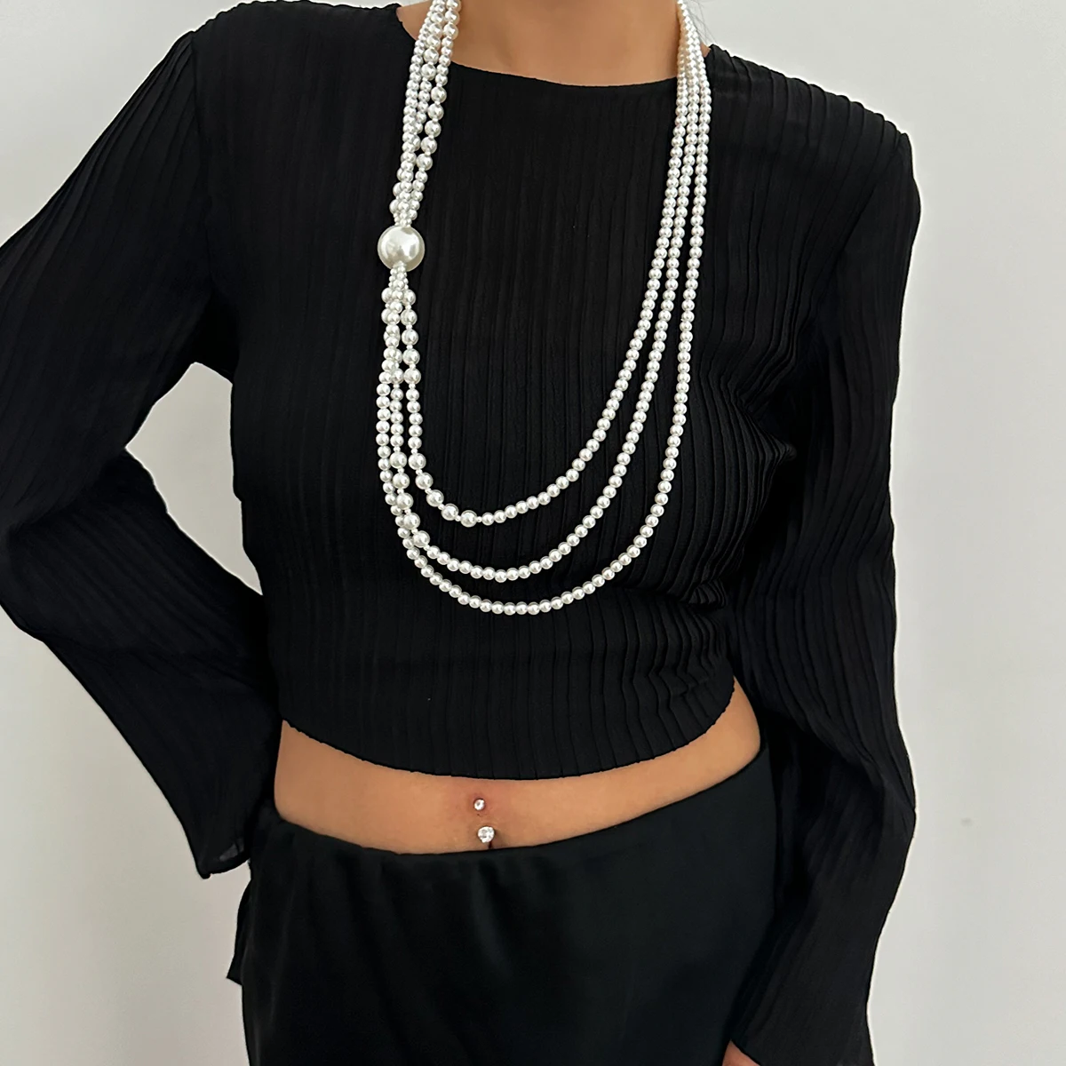 KunJoe Elegant Multi Layer Smooth Imitation Pearl Long Tassel Necklace for Women Korean Fashion Beads Sweater Chain Neck Jewelry