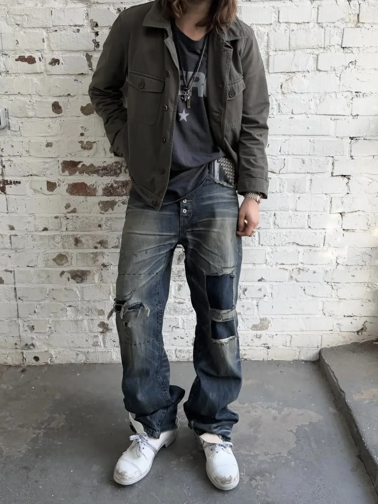 Dirty dyed old blue patch ripped red ear bootcut jeans NO FAITH