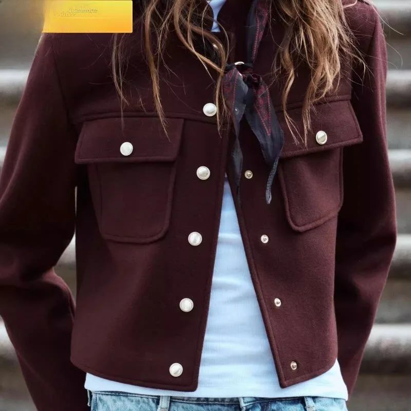 

Fall 2024 Women's Soft ort Jaet Coat with Button Decoration Versatile Loose Fit Long Sve Stand Collar Single Piece