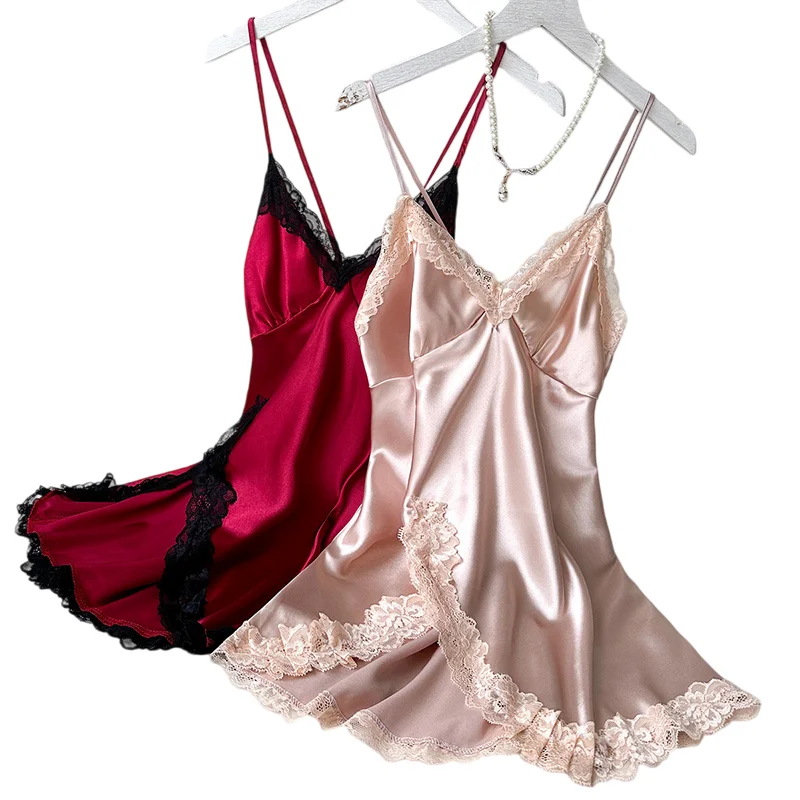 

Summer Nightwear Women's Satin Pajama Set Fashion V-Neck Lace Strap Nightwear Loungewear For Sleeveless Pink Nightwear Set