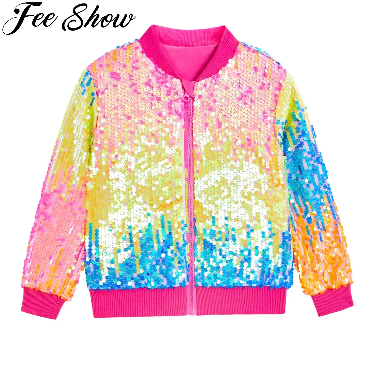 Girls Boys Shiny Sequins Jacket Long Sleeves Zipper Gradient Bomber Coat Glittery Outerwear for Jazz Hip Hop Dance Party Stage