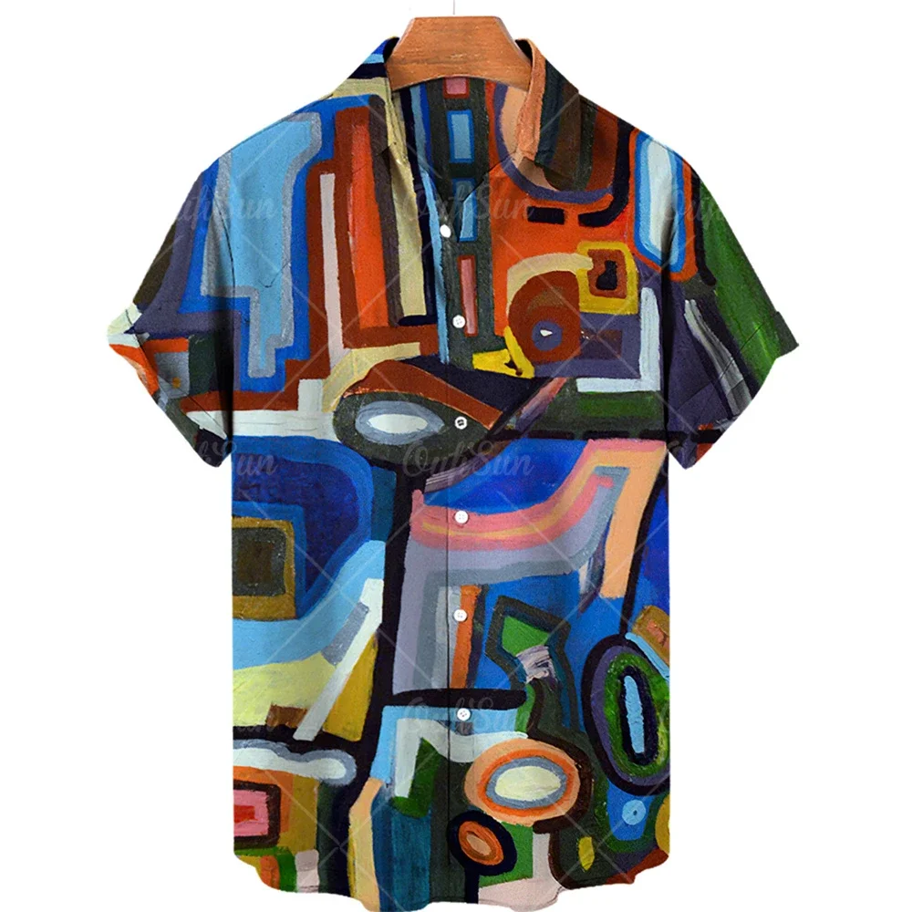 Men Hawaiian Shirt, Bold Large Letter Geometric Collage Color Block Print Short Sleeve Lapel Button Down Casual Beach Aloha