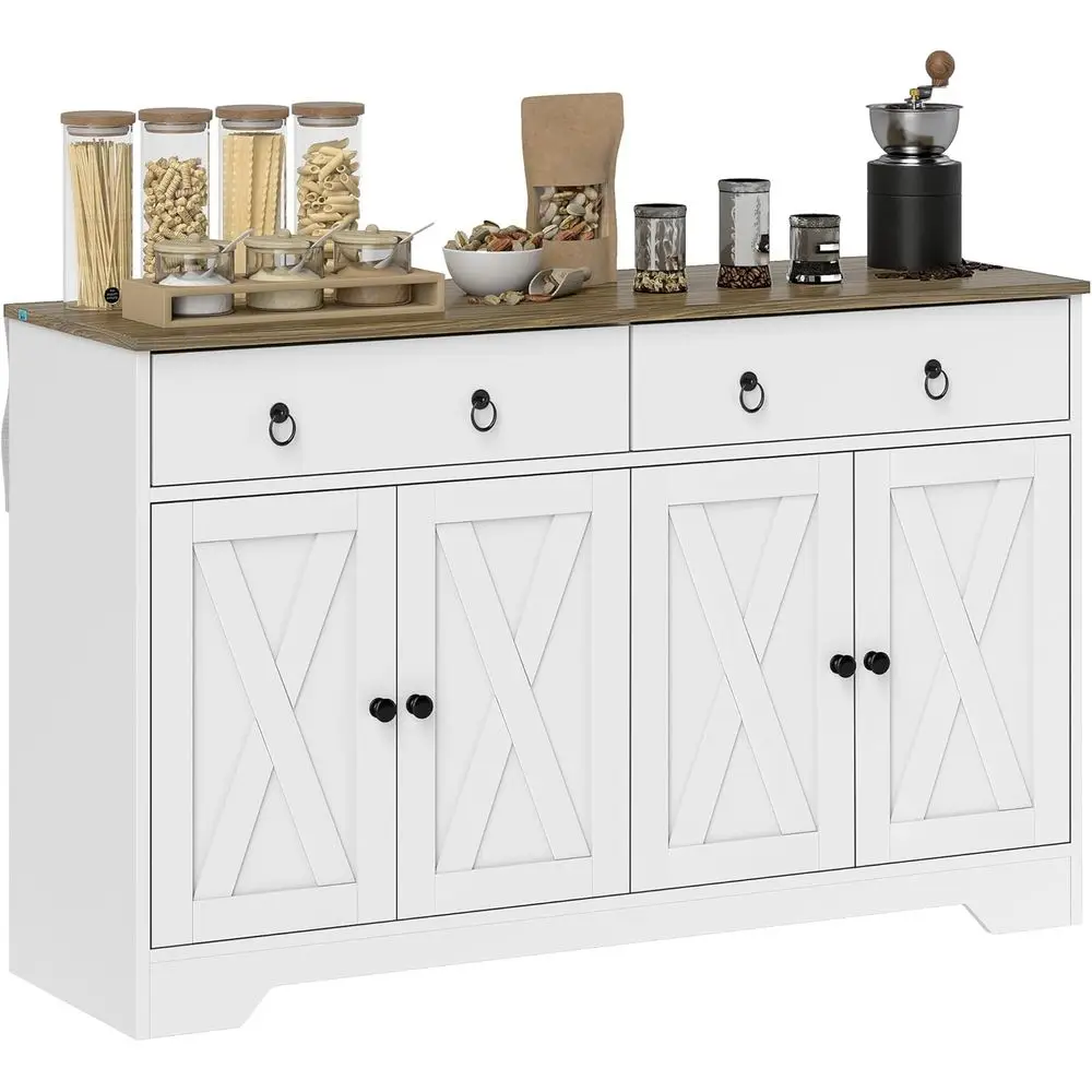 

48-Inch Wide Sideboard with Storage, Kitchen Cabinet featuring 2 Drawers and 4 Doors, Adjustable Shelves, White