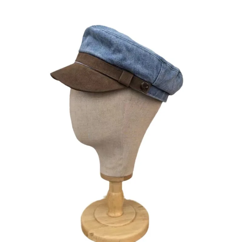 Korean Version Denim Suede Splicing Flat Top Military Hat Women\'s Autumn and Winter Trend British Fashion Sunshade Newsboy Cap