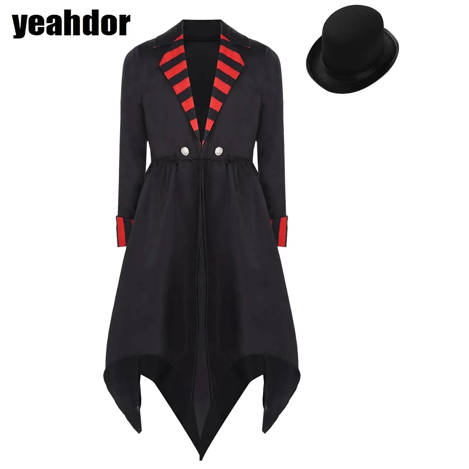 

Girls Halloween Gothic Vampire Costume Notched Lapel Long Sleeve Vampire Tailcoat Jacket with Felt Top Hat Fancy Witch Dress Up