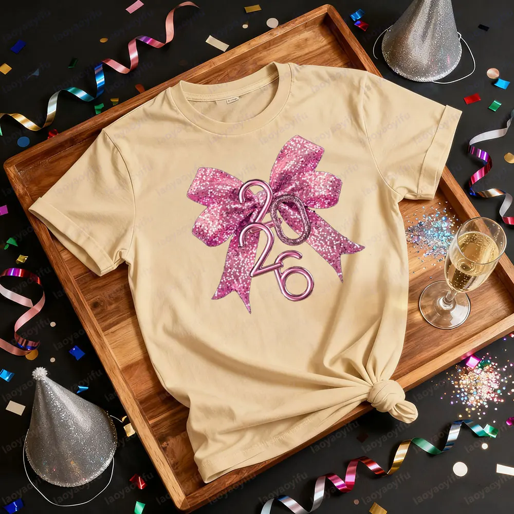 New Years Eve Shirt Shiny Disco Ball Print Holiday T-Shirt 2026 New Year Shirts Coquette Bow Tops Latest Trendy Style Women Tee