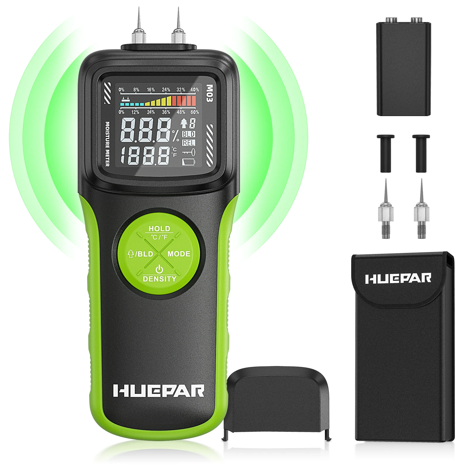 Huepar Pin/Pinless Digital Wood Moisture Meter,2 In 1 Wall Moisture Tester With LCD Screen,9 Calibration, Water Leak Detector