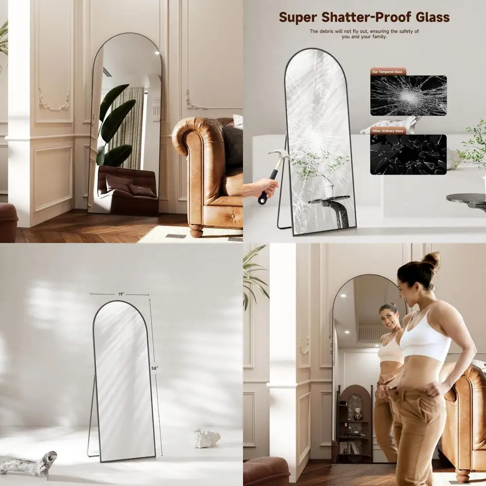 Large Floor Standing Arched Mirror, 58x19 Inches Black Tempered Glass Wall Hanging, Body Length Mirrors with Aluminum Stand for