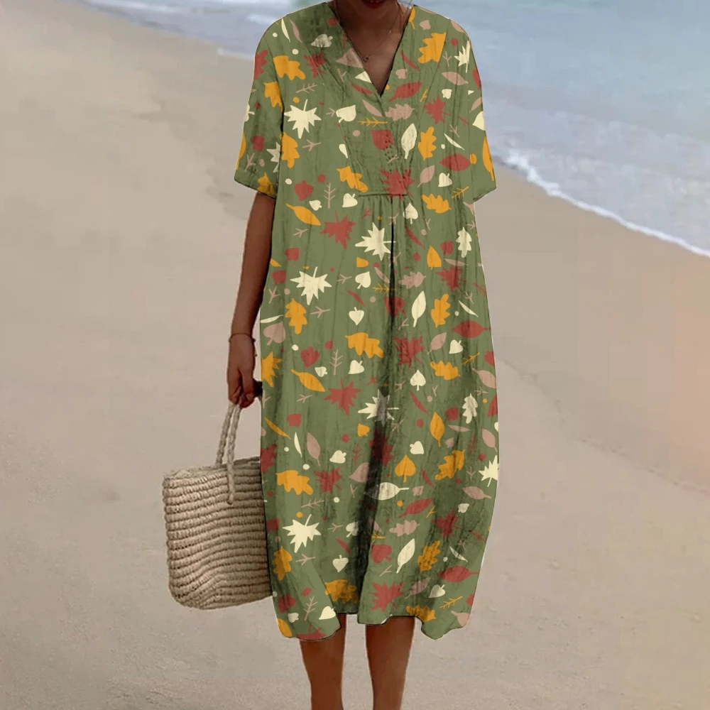 

Boho Chic Natural Plants Floral Midi Dress Women’s Beach Summer Robes Fluttery Leaf-Adorned Clothes Dress Botany Enthusiast Suit