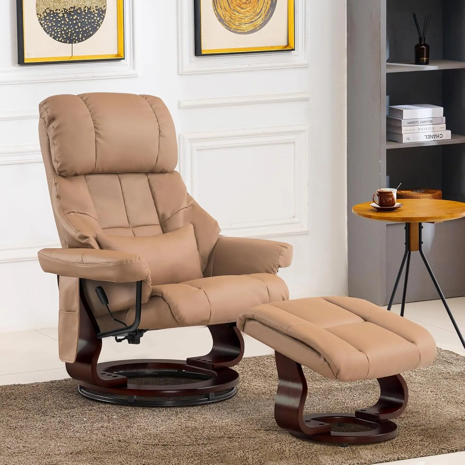 #Manual Swivel Recliner Chair with Ottoman Vibration Massage Faux Leather Small Space Living Room Office 9068 Cognac, Customized