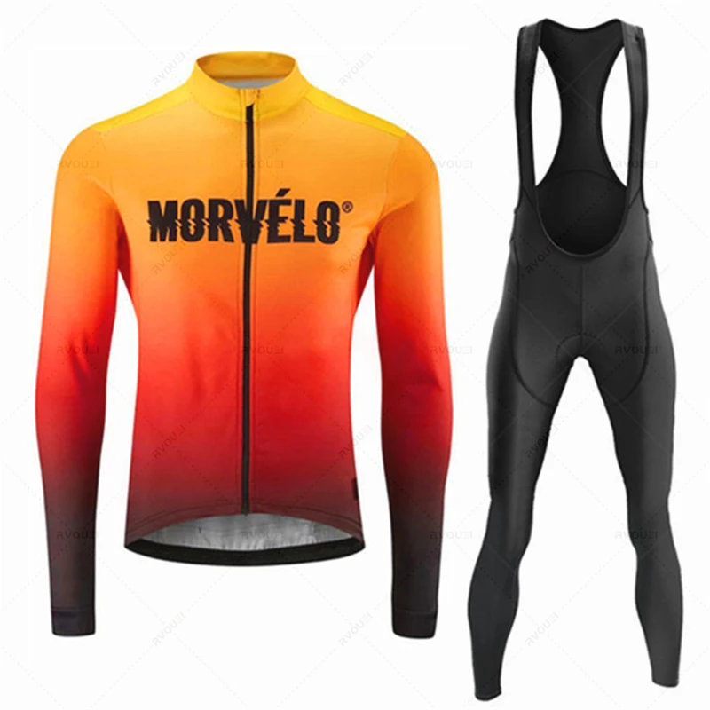 Morvelo Team Long Sleeve Cycling Jersey Set, Bicycle Clothes, MTB Bike Jersey, Bib Pants Kit, Spring, Autumn