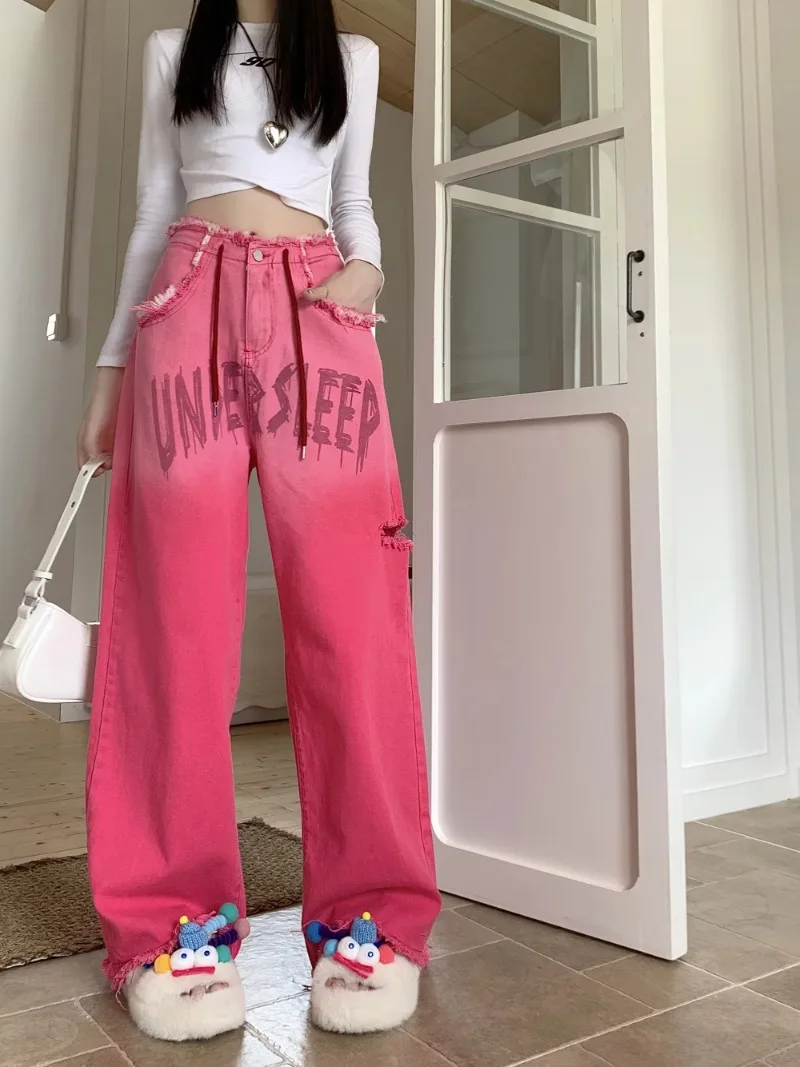 

MiiiiX American High Street Pink Contrast Jeans Women's 2024 Fashion Washed Letters Gradient Holes Drawstring Wide Leg Pants