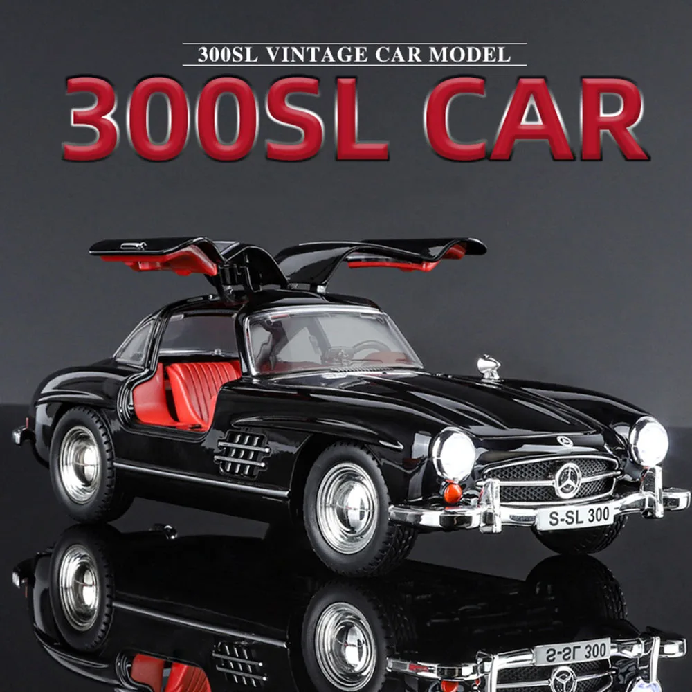 1:24 Scale 300SL Models Cars Alloy Toy with Light Sound Vintage Car Wheel Pull Back 4 Doors Opened Vehicle for Child Adult Gifts