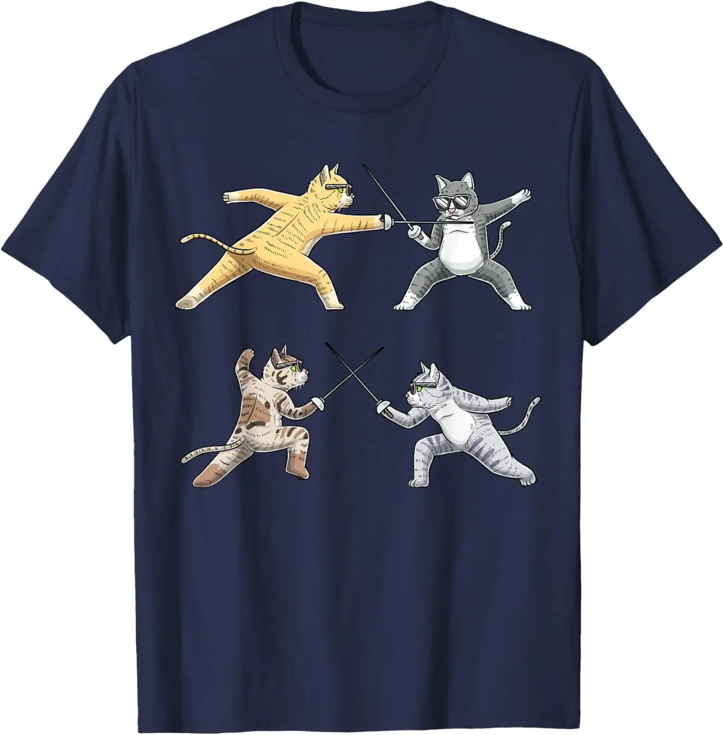 

Fencing Cats Graphic Tee Four Cats With Epees Sword Fighting Cotton Short Sleeve T-Shirt