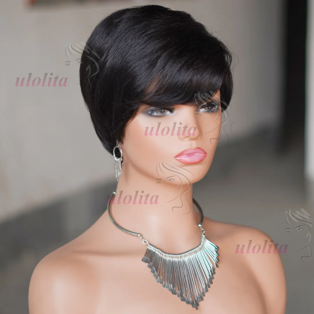 عابث قطع 100% باروكة من شعر طبيعي مع الانفجارات الجانبية للنساء قصيرة ريمي الطبقات الشعر البشري البرازيلي شعر أسود طبيعي شعر مستعار رخيصة