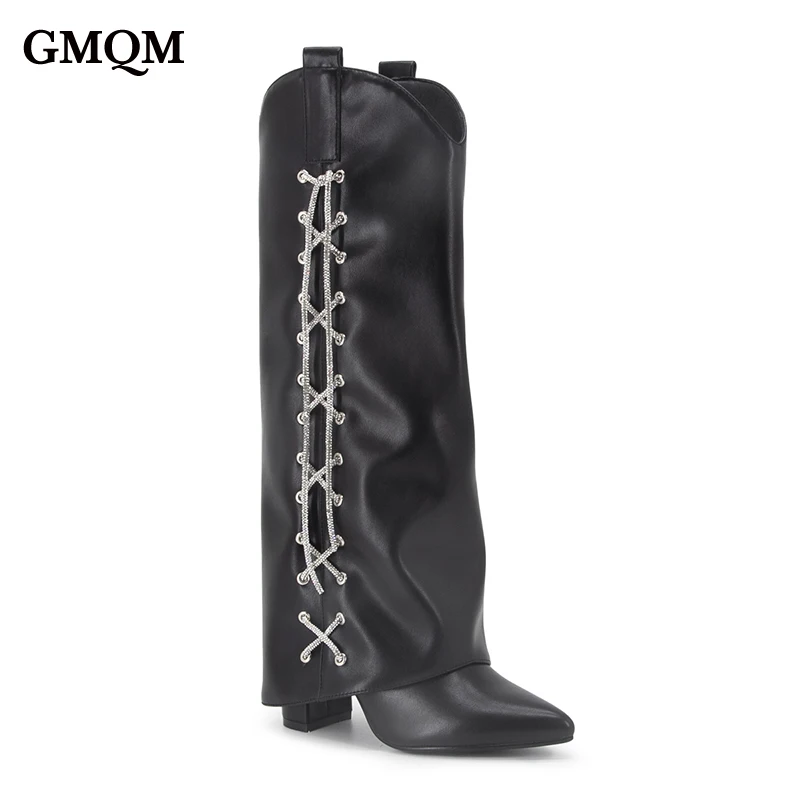 GMQM Fashion Women's Knee Boots Rhinestone Lace-up Pointy Toe Fold Over Wedges Boots Zip High Heel Pumps Street Style Long Boots