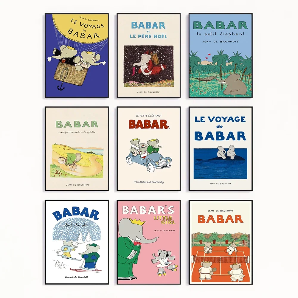 Classic Cartoon Artwork Babar The Elephant Retro Illustration Poster Canvas Painting Wall Art Pictures Home Classroom Decor