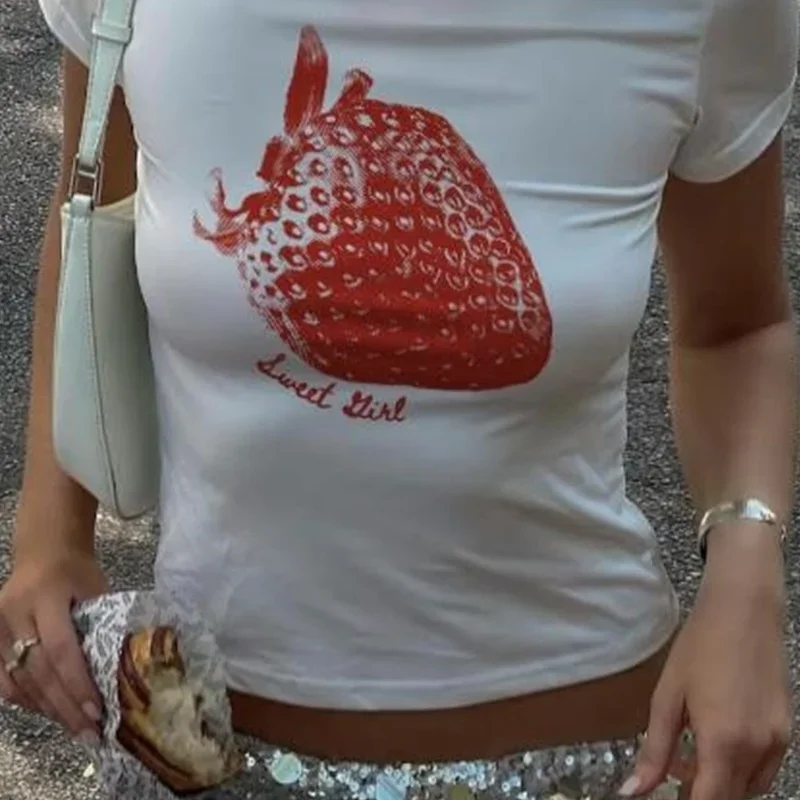 Camiseta de bebé y2k para mujer, Top corto con gráfico de frutas, camiseta de manga corta con cuello redondo, ropa estética de los años 2000, ropa de calle bonita