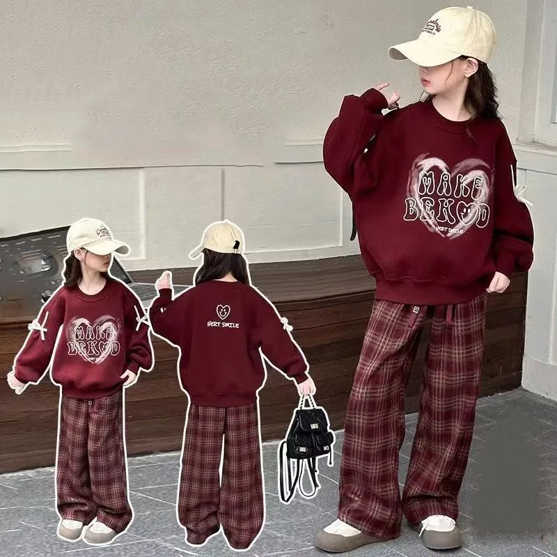 Girls Fashion Cotton Loose Red Plaid Alphabet Print Sweatshirt+Pant Set School Kids 2PCS Tracksuit Children Jogger Outfit