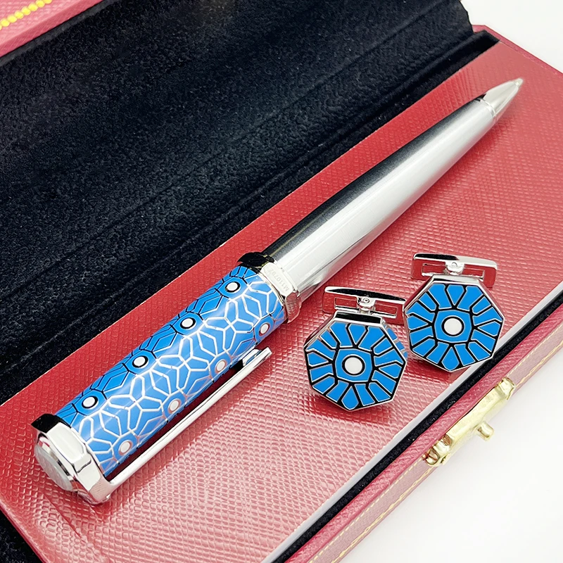 

YAMALANG Luxury CT Pen And Cufflinks Santos-Dumont De Blue Barrel Snow Flower Pattern Metal Ballpoint With Serial Number