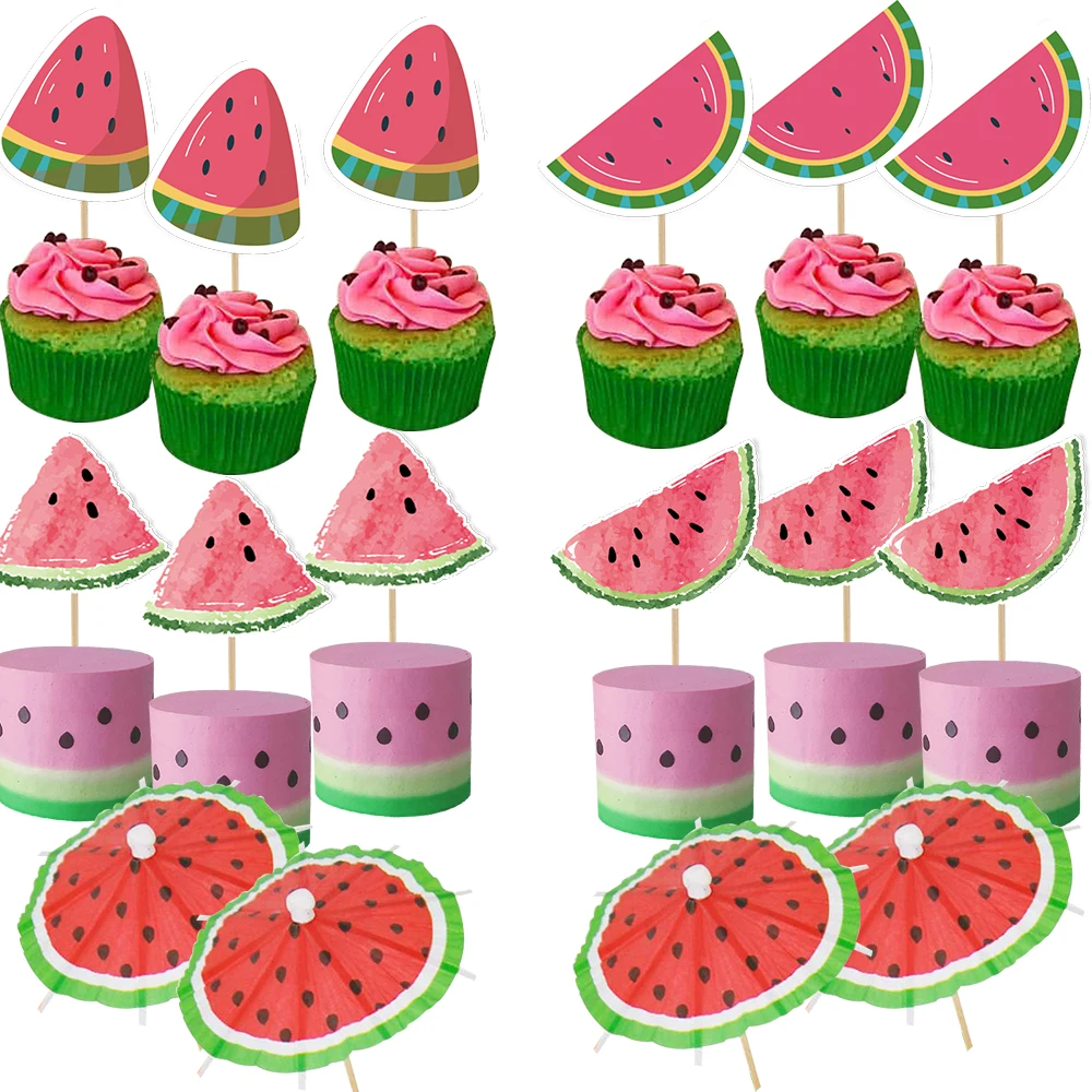 20pcs Multi Type Watermelon Cupcake Toppers Paper Cake Toppers for Watermelon Birthday Summer Pool Party Decoration Supplies