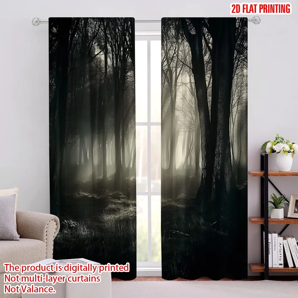 

2Pcs 2D Flat PrintingGothic Curtains The Dark Forest Scenery Sunbeams And Foggy Vintage Nostalgic Dusty Colors Fantasy Art Print