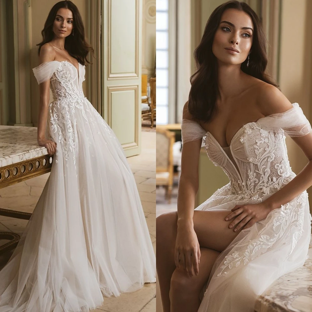 

Customized Pure White Tulle Wedding Dress Classic Style Sweetheart A-Line Bridal Gowns Elegant Off the Shoulder Vestido De Novia