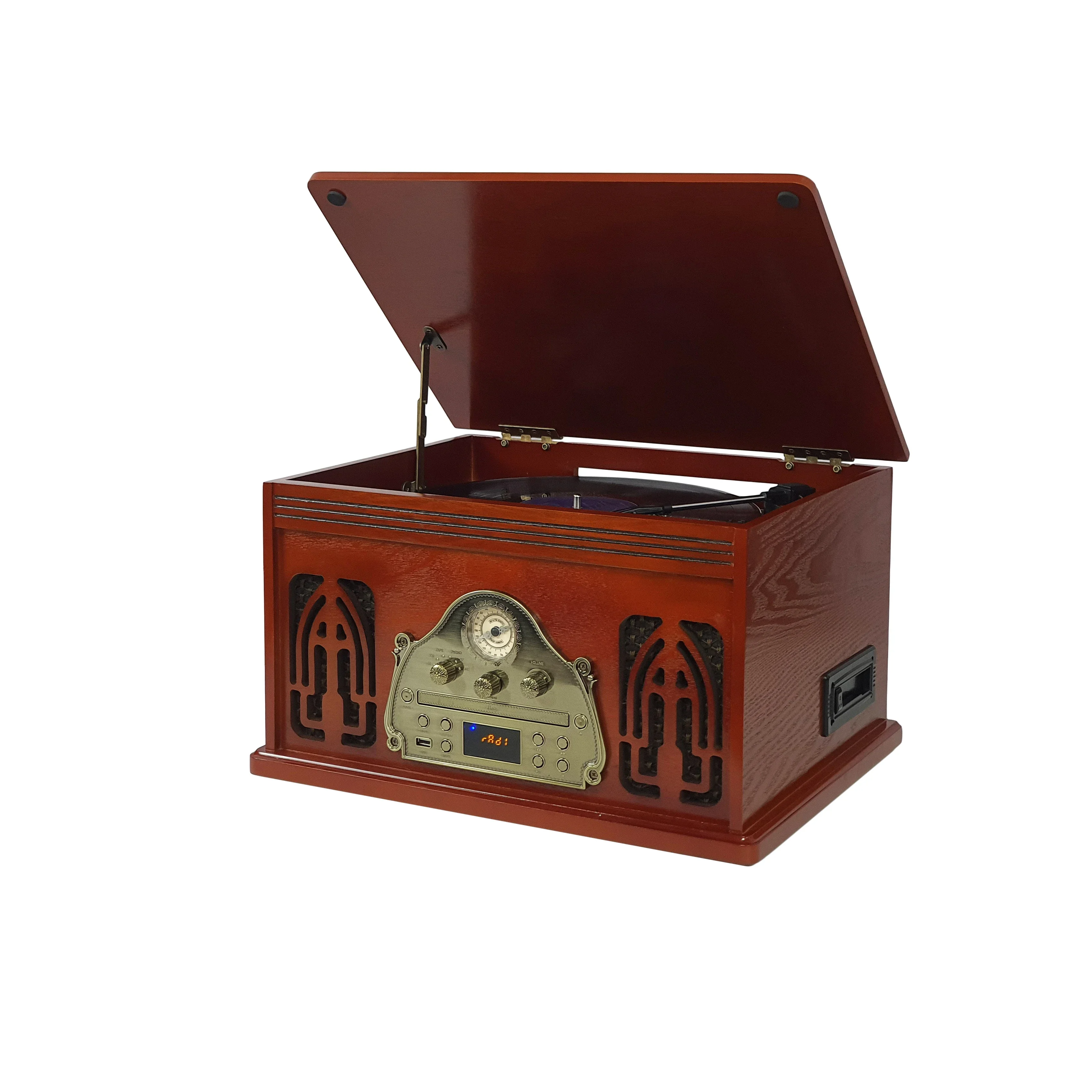 New High Quality Retro Vinyl Turntable Player Wooden Case Record Player with BT/CD/Cassette/FM/USB