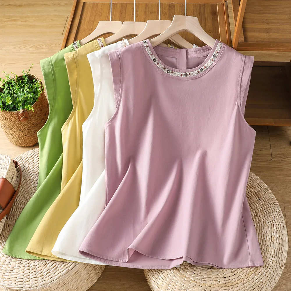 

Lightweight Cotton Linen Shirt round Neck Loose Fit Summer New Style Color Design Sense Bead Small Fly Sleeve Women's Top