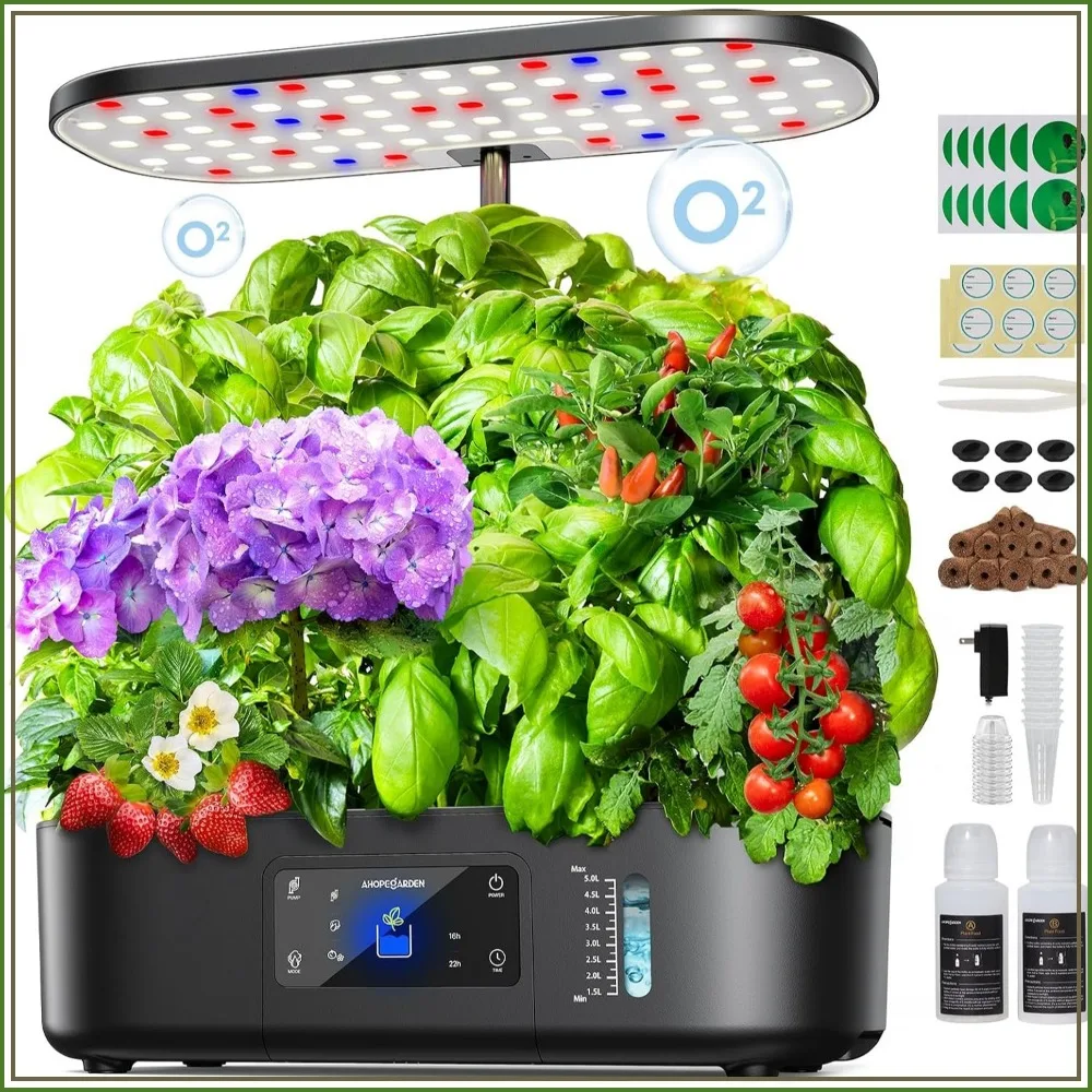 12-Pod Indoor Hydroponic Garden with LCD & Grow Light, Adjustable 17" Height for Herbs & Veggies