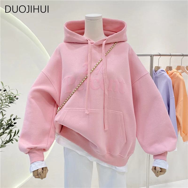 DUOJIHUI New Green Basic Hooded Chicly Drawstring Women Hoodies Spring Fake Two Piece Street Letter Printed Loose Female Hoodies