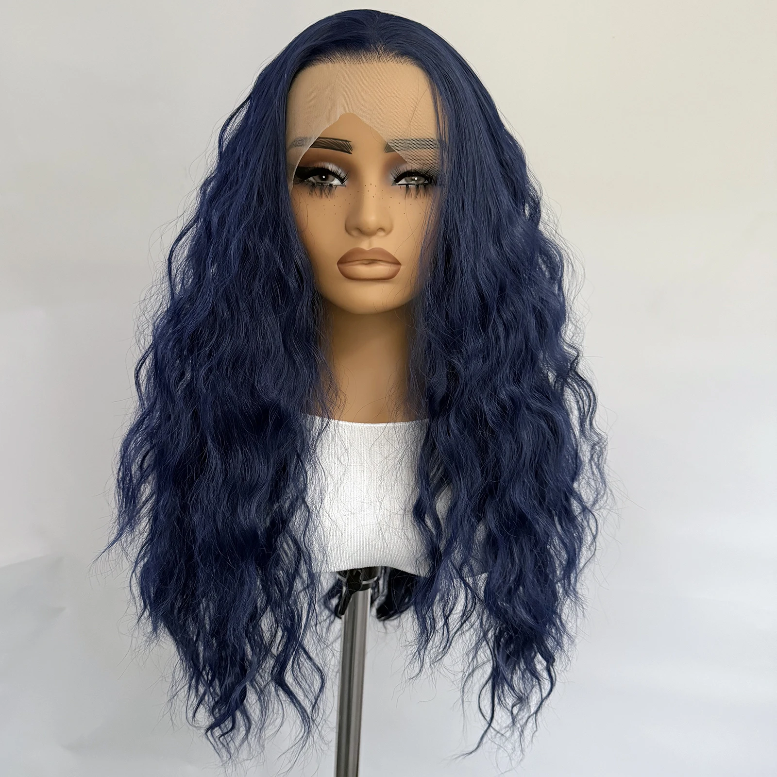 الأزرق الداكن الدانتيل شعر مستعار أمامي 13x4 الاصطناعية طويلة فضفاضة مجعد الباروكات للنساء مقاومة للحرارة الطبيعية المظهر الاستخدام اليومي تأثيري الباروكات