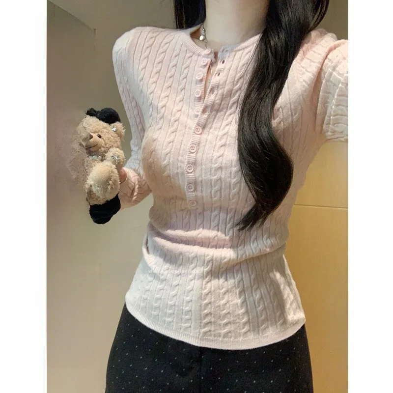 Pink Knitted Long Sleeve Henry Collar Slim Fit Base Layer Shirt Women's Autumn Winter Miu Style Twist Knot Top Casual Wear