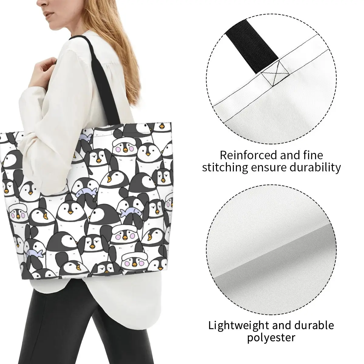 Hand Drawn Penguin Set Shopping Tote Bag Canvas Large Capacity Shoulder Bags Shopper Grocery Handbag for Women
