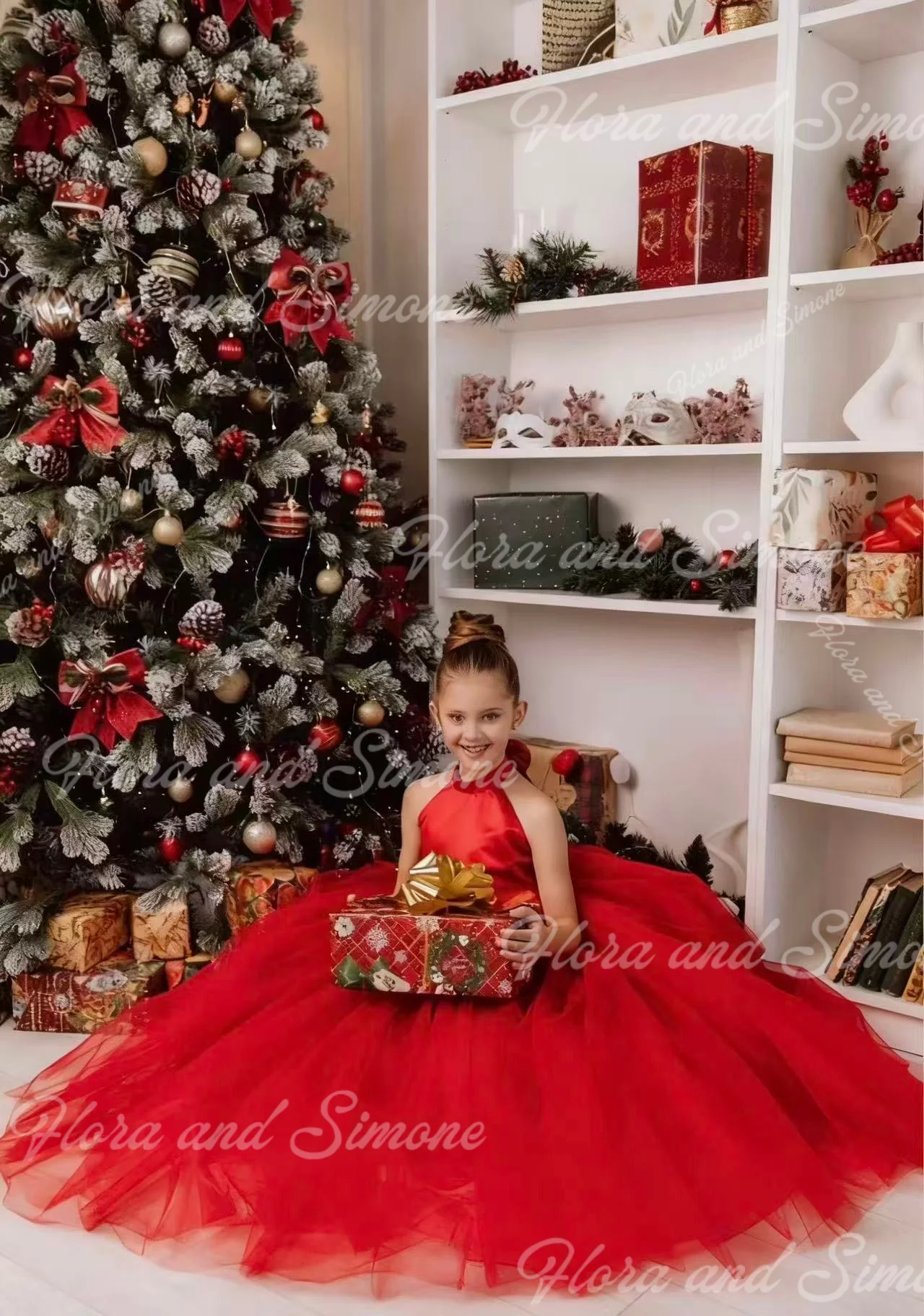 Elegant Red Sleeveless Long Dress Fluffy Flower Girl Dress for Christmas Celebration Formal Receptions Dance Parties Customized