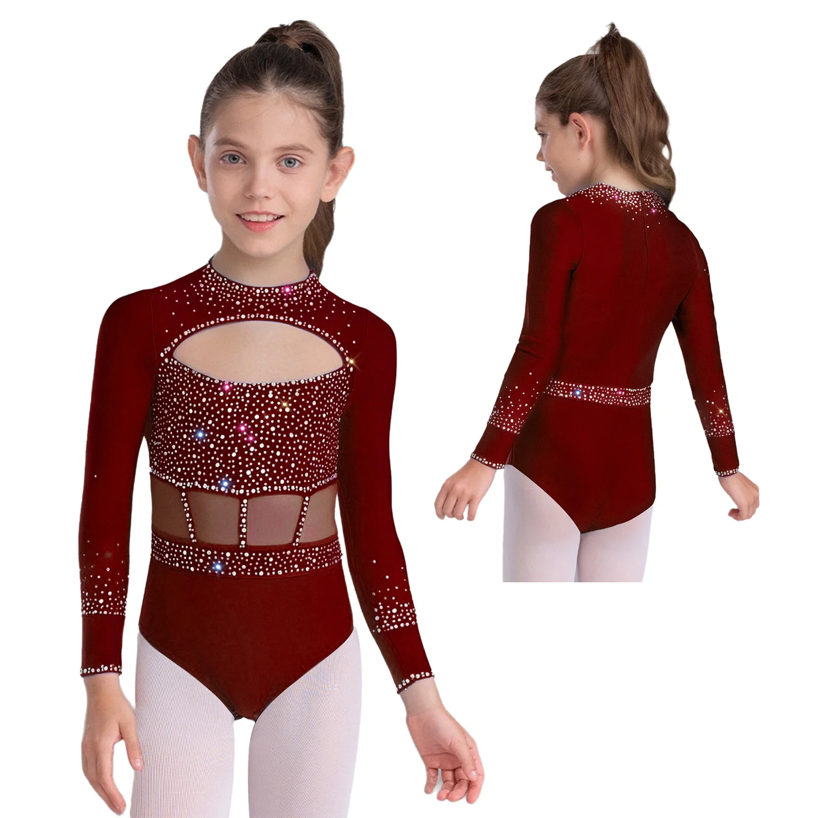 

Kids Girls Ballet Dance Leotard Long Sleeve Zipper Cutout Front Bodysuit Rhinestones Gymnastics Skating Performance Dancewear