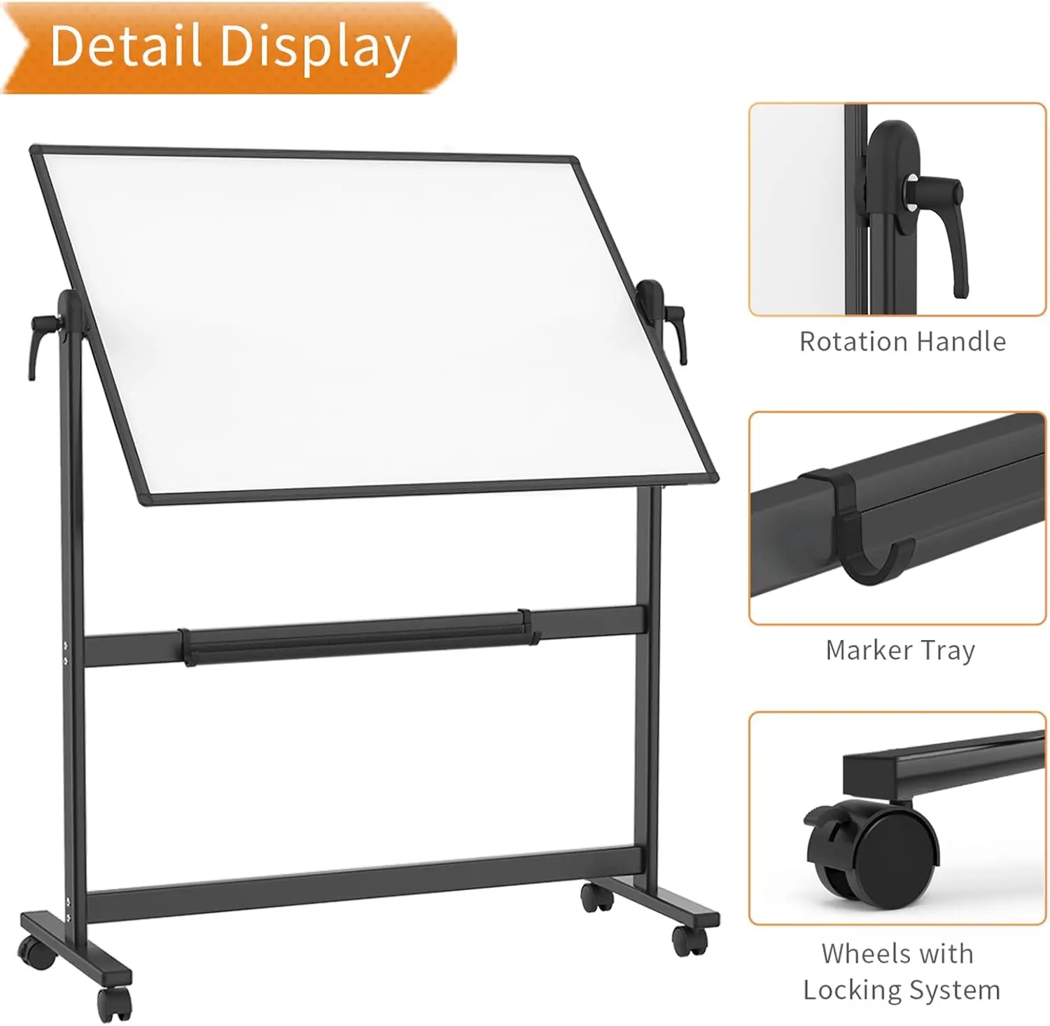 Double-Sided Magnetic Mobile Whiteboard, 72 x 40 Inches, Black Aluminium Frame and Stand