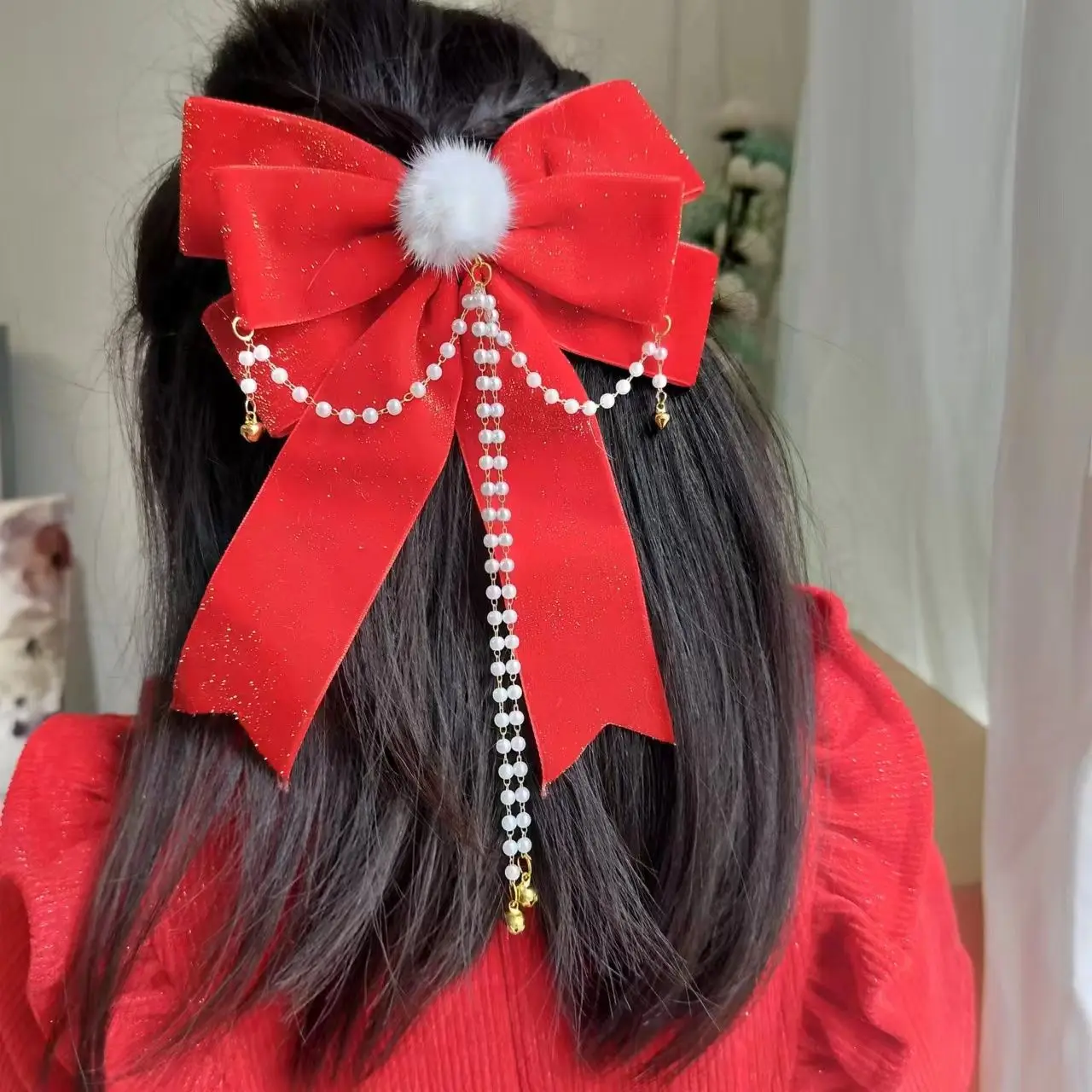 الفتيات الاطفال لطيف الأحمر المخملية المهرجانات دبابيس الشعر اكسسوارات الشعر السنة الجديدة الأطفال القوس الشريط مقاطع الشعر المشابك أغطية الرأس الجديدة